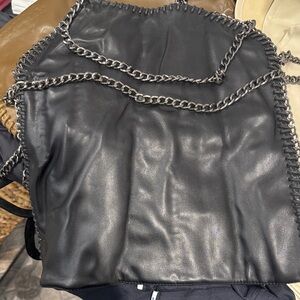 Black Chain-Trim Tote with Silver Hardware